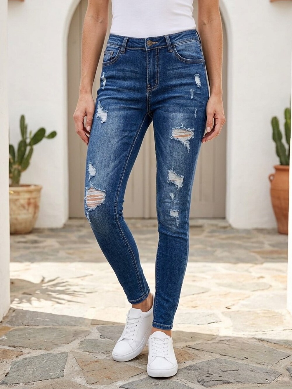 High Rise Ripped Skinny Jeans Distressed Stretch Denim Cropped Ankle Size 5 Y2K